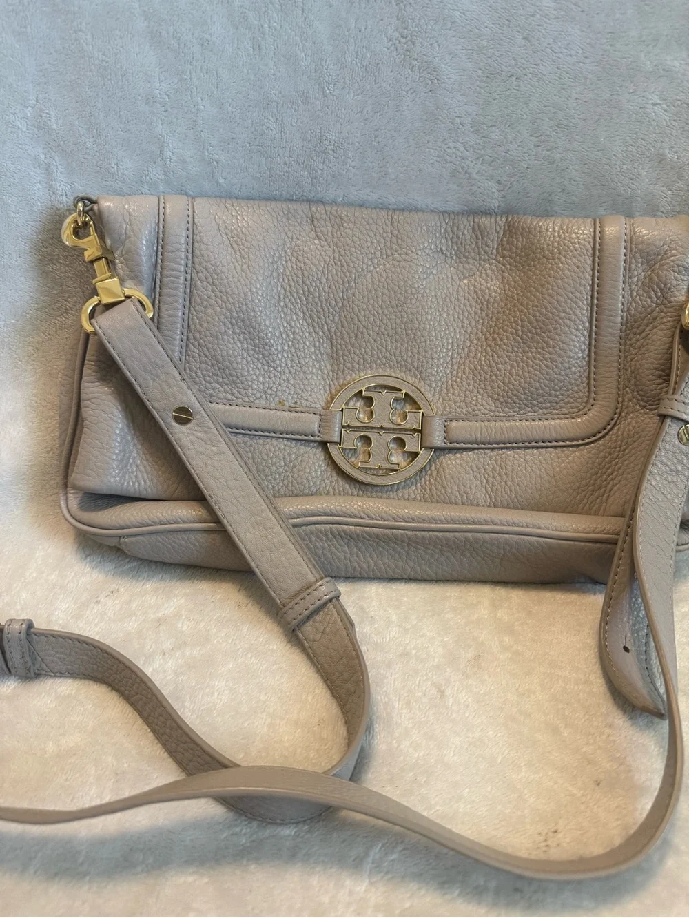Tory Burch Taupe Pebbled Leather Crossbody with Gold Logo